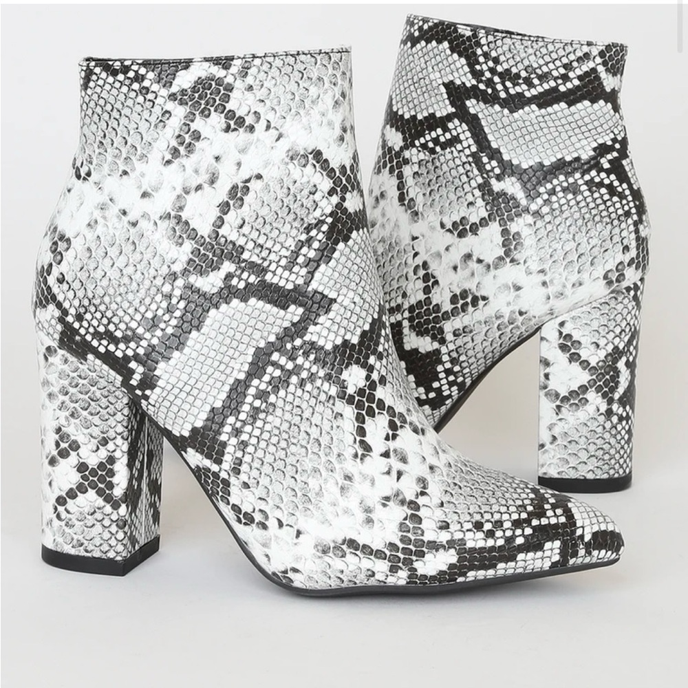 Lulus Black and White Snakeskin Booties